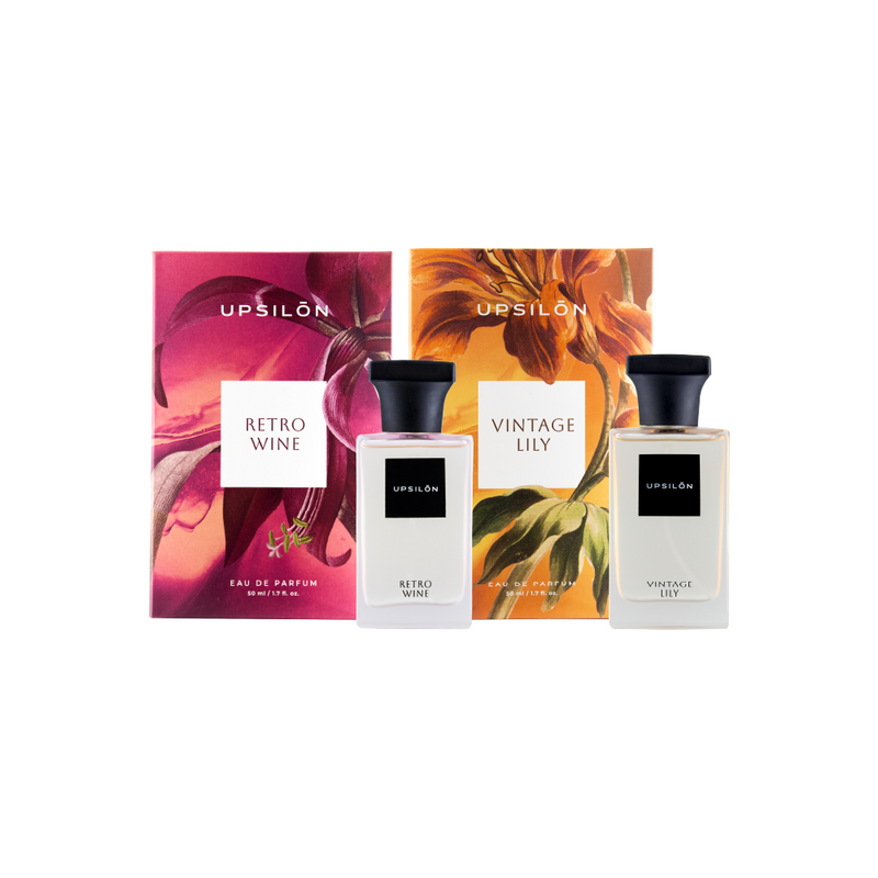 A set of two 50ml bottles of Upsilon perfume for women: Retro Wine, a long-lasting eau de parfum, and Vintage Lily, a fresh and powerful fragrance