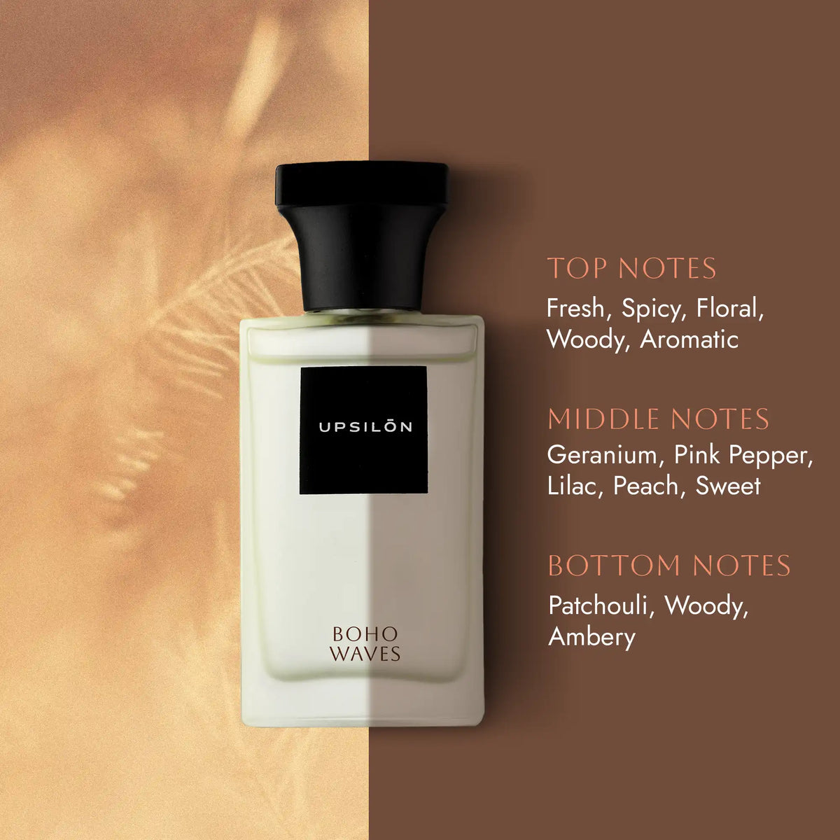 UPSILON Boho Waves Eau de Parfum for Women, a 50ml bottle of perfume with a fresh, spicy, floral, woody, and aromatic scent. Top notes include geranium, pink pepper, lilac, and peach; middle notes include patchouli, woody, and amber.