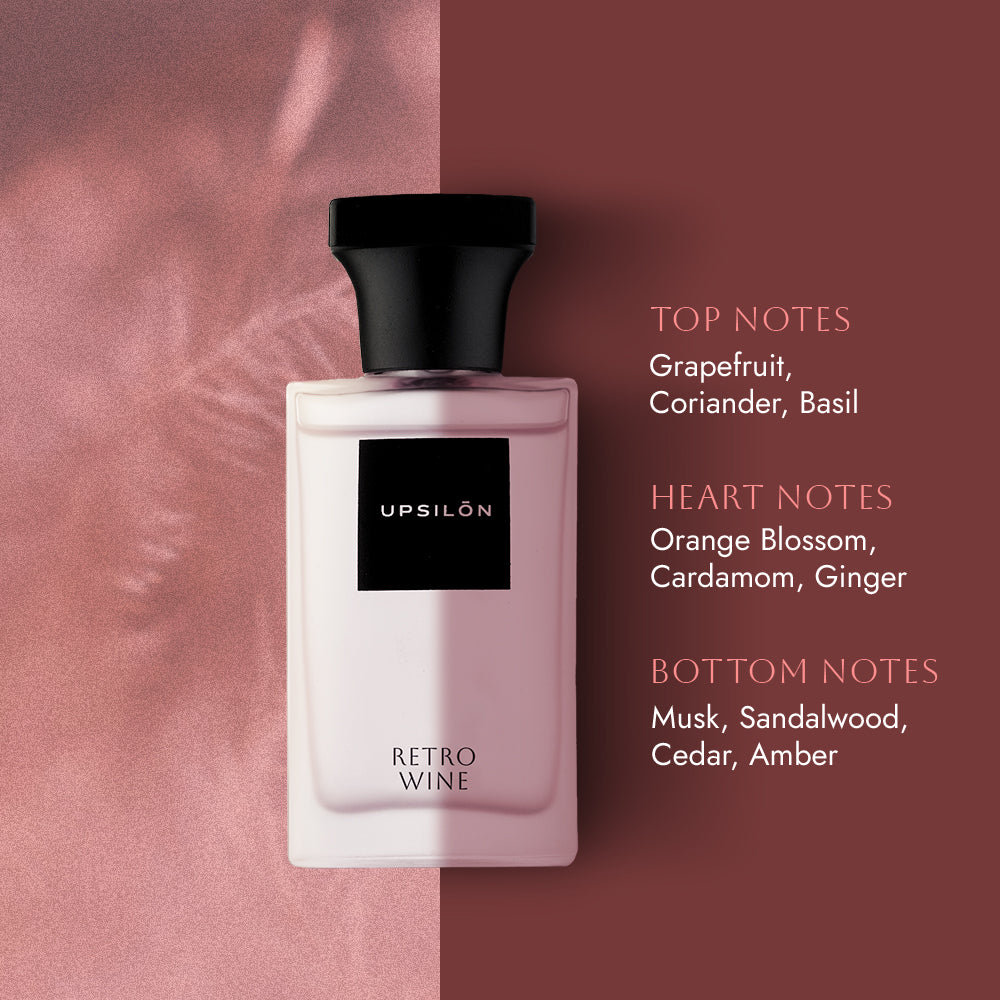 UPSILON Retro Wine Eau de Parfum, a long-lasting luxury fragrance for women. The bottle features a stylish red gradient design with silver lettering. The image also includes the perfume's top, heart, and base notes: grapefruit, coriander, basil, orange blossom, cardamom, ginger, musk, sandalwood, cedar, and amber