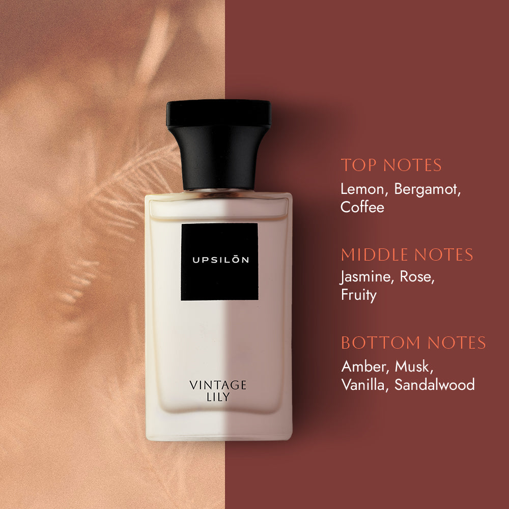 UPSILON Vintage Lily Eau De Parfum for Women, featuring top notes of lemon, bergamot, coffee, jasmine, rose, and fruit, and bottom notes of amber, musk, vanilla, and sandalwood
