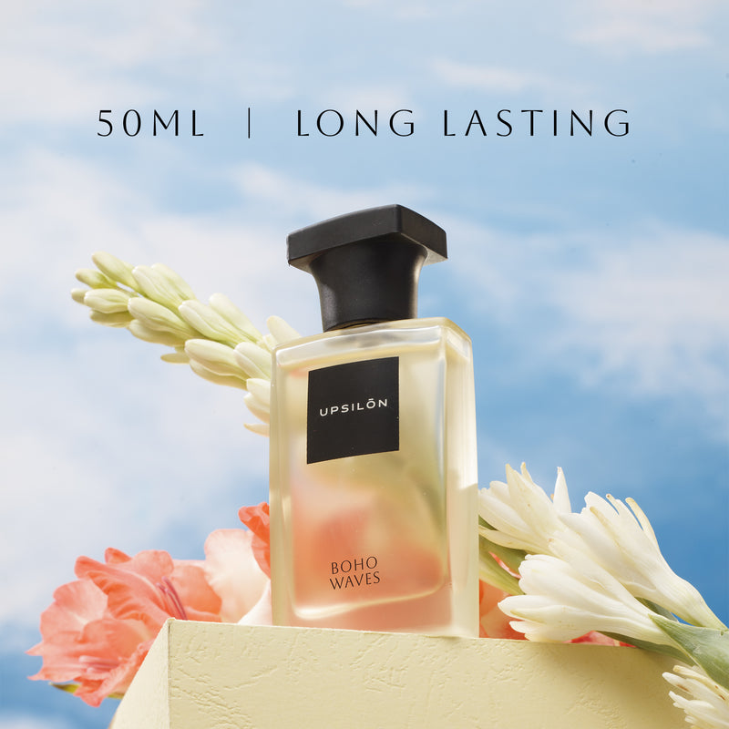 bottle of UPSILON Eau de Parfum in a travel-size gift box, with text describing the fragrance as "long-lasting" and "eau de parfum", 50ml Long lasting