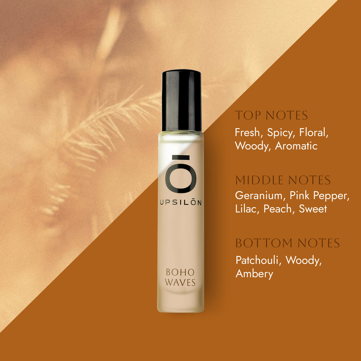 Bottle of UPSILON Boho Waves Eau de Parfum, a feminine fragrance with top notes of fresh, spicy, floral, woody, and aromatic scents.