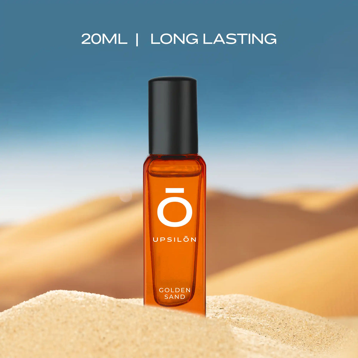 A 20ml bottle of Upsilon Golden Sand Eau de Parfum, a long-lasting and fresh fragrance for men, with a luxurious gold design
