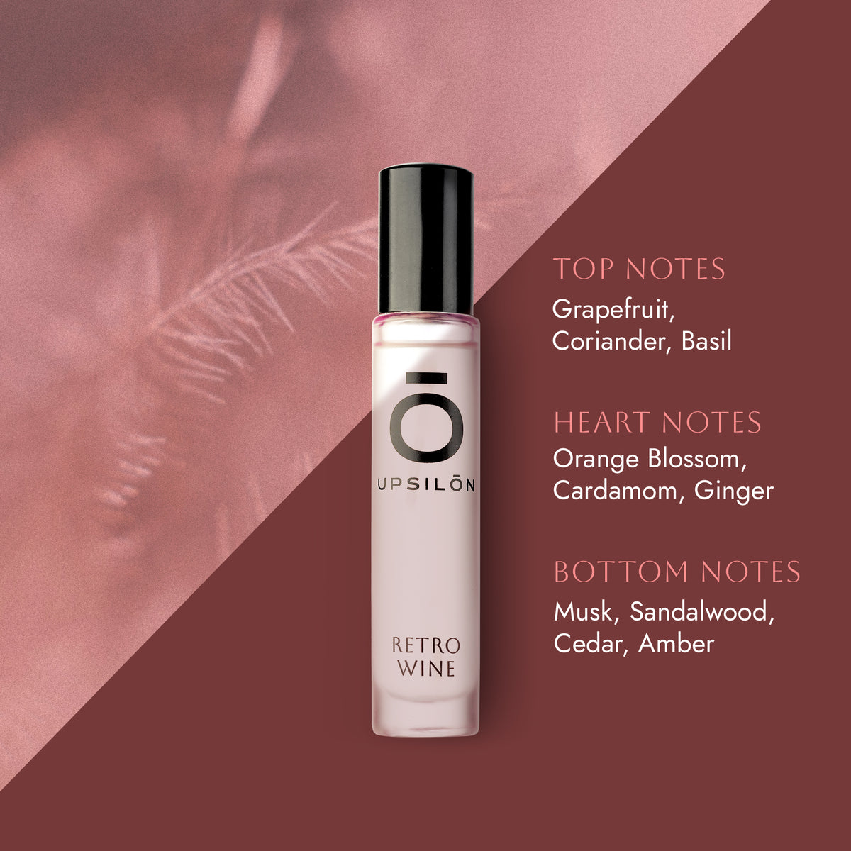 Upsilon Eau De Parfum bottle, featuring top notes of grapefruit, coriander, and basil, heart notes of orange blossom, cardamom, and ginger, and base notes of musk, sandalwood, cedar, and amber.