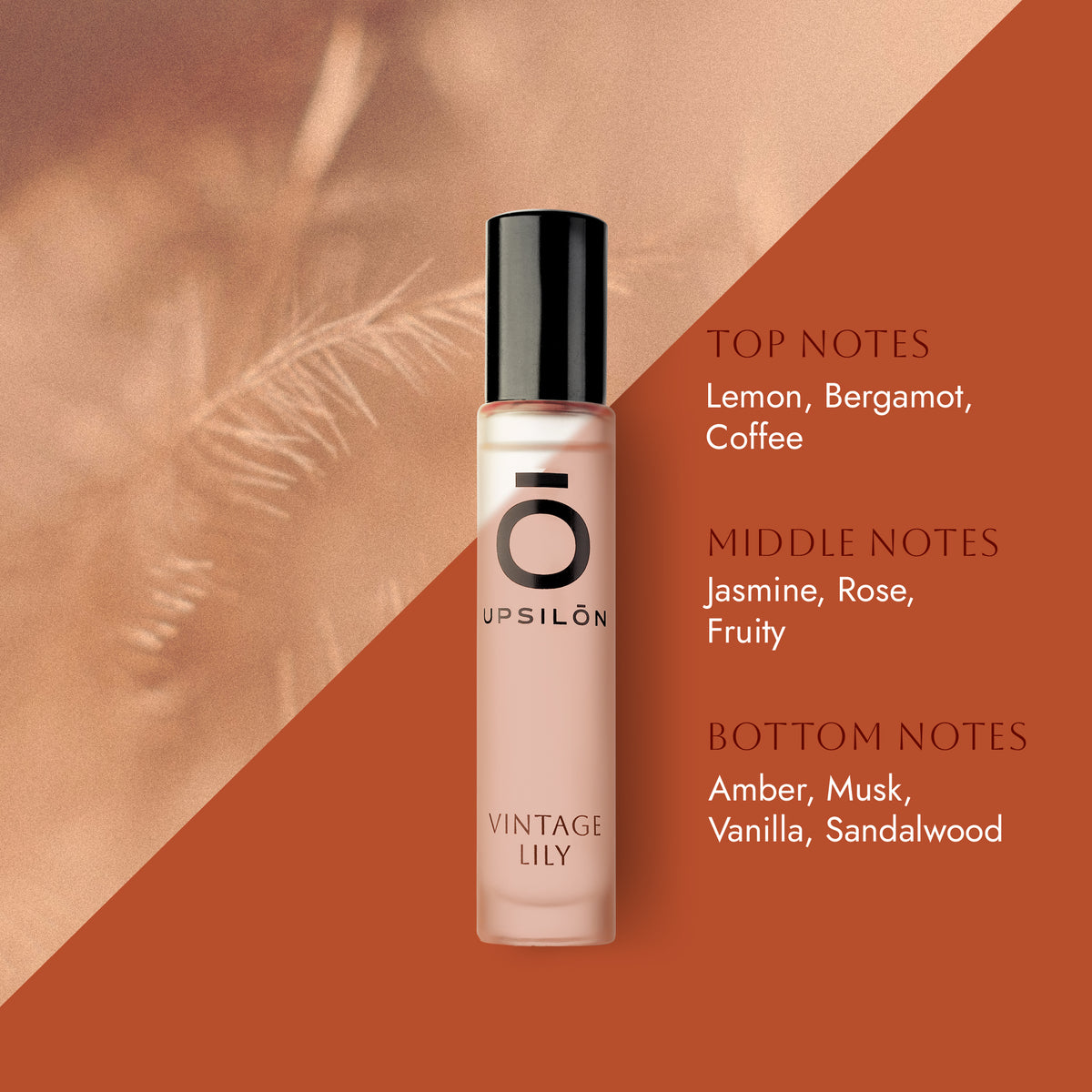 bottle of Upsilon Boho Waves Eau de Parfum, a luxury women's fragrance with top notes of lemon, bergamot, and coffee, middle notes of jasmine, rose, and fruity accords, and base notes of amber, musk, vanilla, and sandalwood