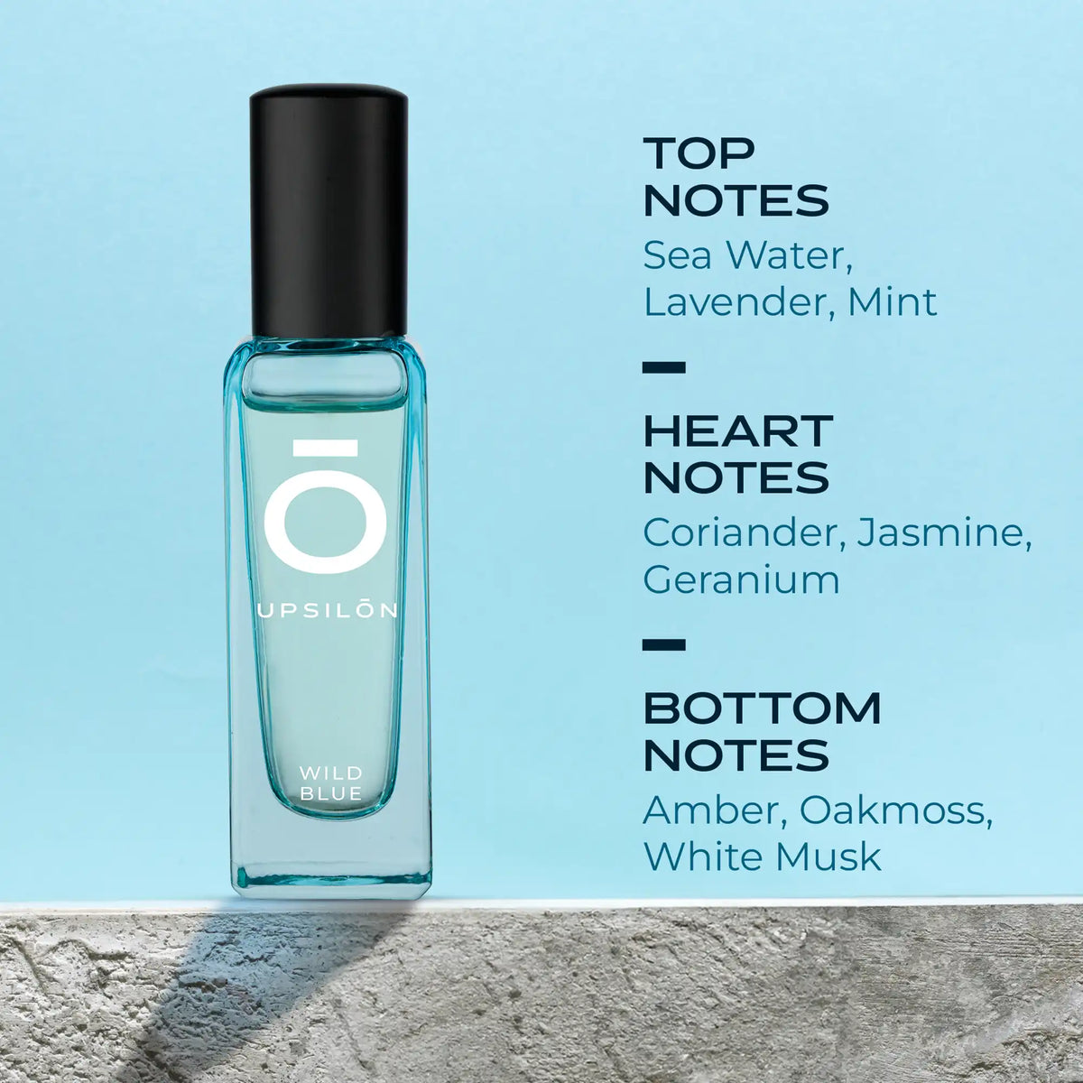 UPSILON Wild Blue Eau de Parfum sitting atop a concrete table. The fragrance is described as having top notes of sea water, lavender, mint, and coriander; heart notes of jasmine and geranium; and base notes of amber, oakmoss, and white musk