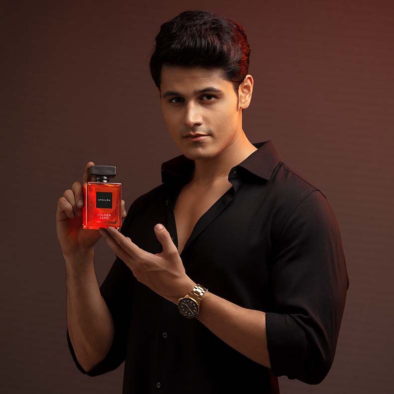 Upsilon Golden Sand Eau de Parfum for men, a luxurious and long-lasting fragrance with fresh, powerful notes