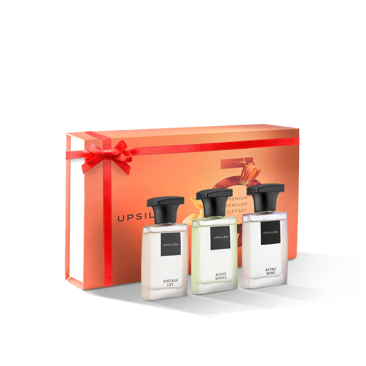 High-end men's perfume gift set with three Upsilon fragrances: Shooting Star, Golden Sand, and Vintage. Perfect for the discerning gentleman
