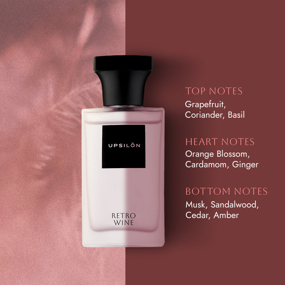 A bottle of UPSILON Retro Wine long-lasting eau de parfum for women. This luxurious fragrance features top notes of grapefruit and coriander, heart notes of orange blossom and cardamom, and base notes of musk, sandalwood, and cedar, amber