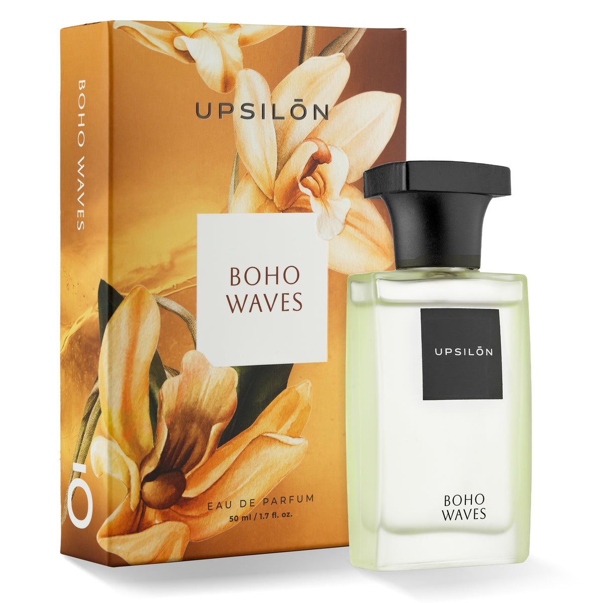 A luxurious bottle of "Boho Waves" Eau de Parfum by UPSILON, adorned with a delicate pink flower, rests upon a cool marble surface.