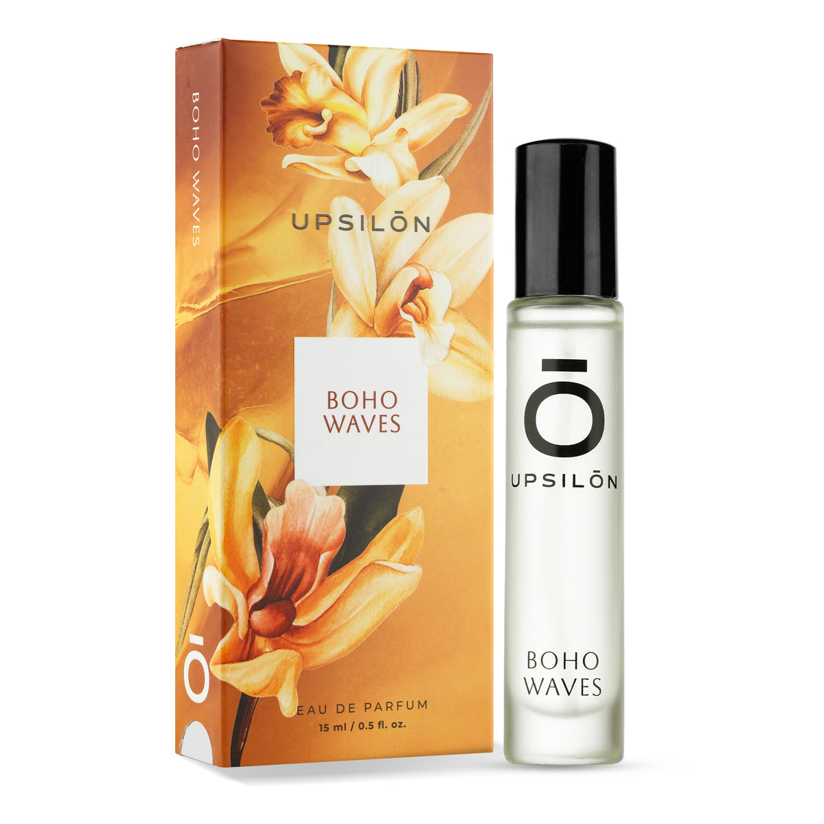 Feminine fragrance, UPSILON Boho Waves Eau de Parfum, in a travel-size 15ml bottle