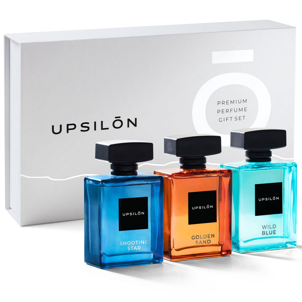 A gift set of three Upsilon Eau de Parfum fragrances for men: Shooting Star, Golden Sand, and Wild Blue, 100ml