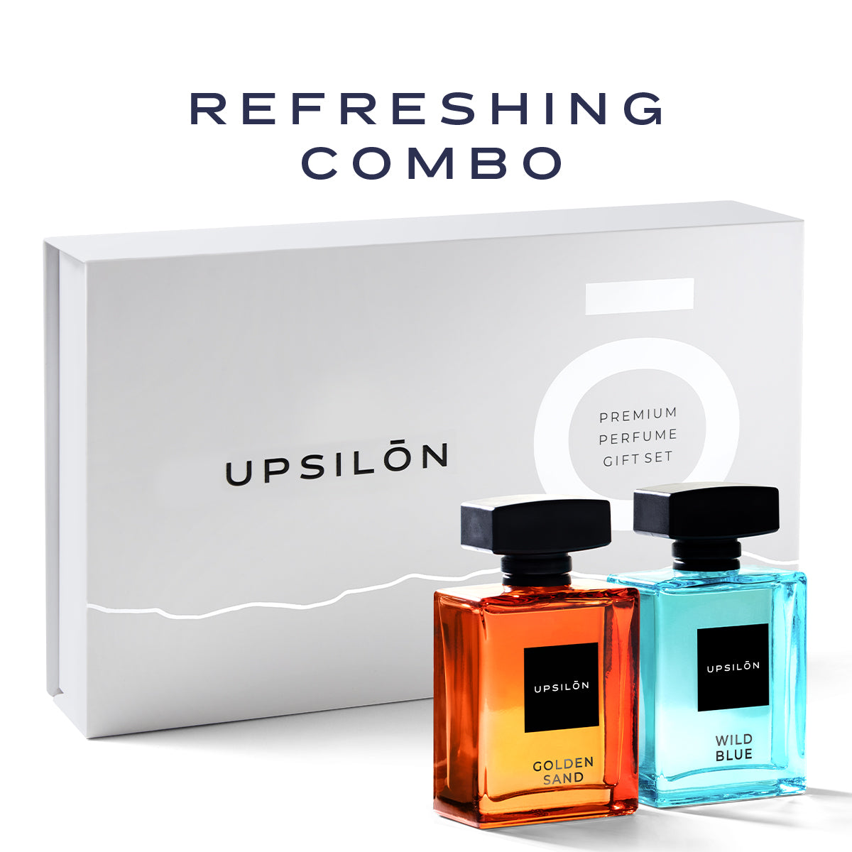 Upsilon Golden Sand and Wild Blue Eau de Parfum, two long-lasting and powerful fragrances in a travel-friendly gift set.