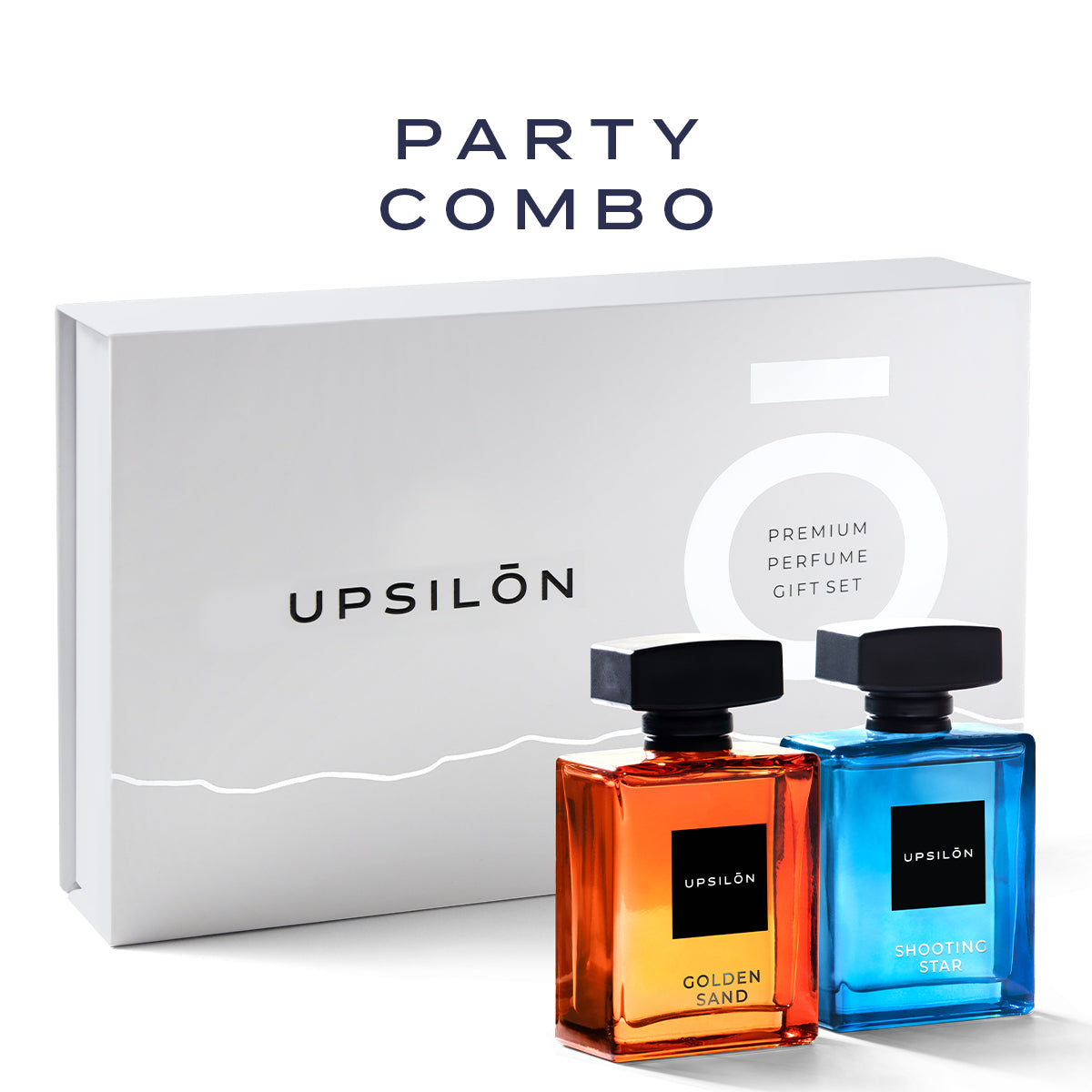 Two Upsilon Eau de Parfum bottles, Golden Sand and Shooting Star, in a white gift box