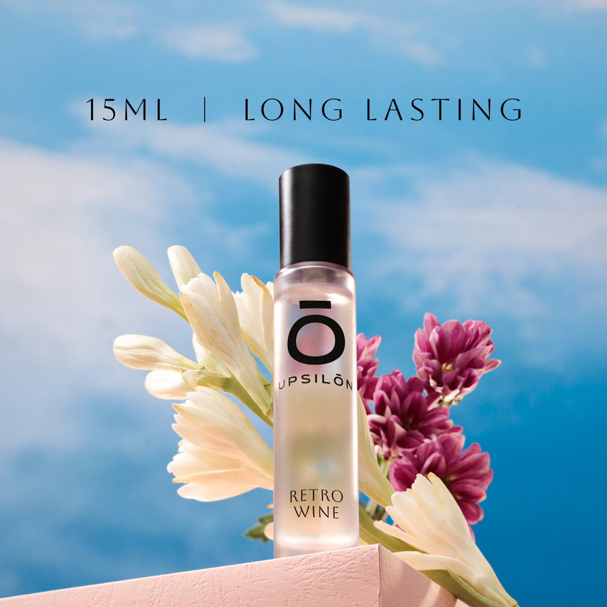 A 15ml bottle of Upsilon Retro Wine Eau de Parfum for women, with a long-lasting, luxurious scent
