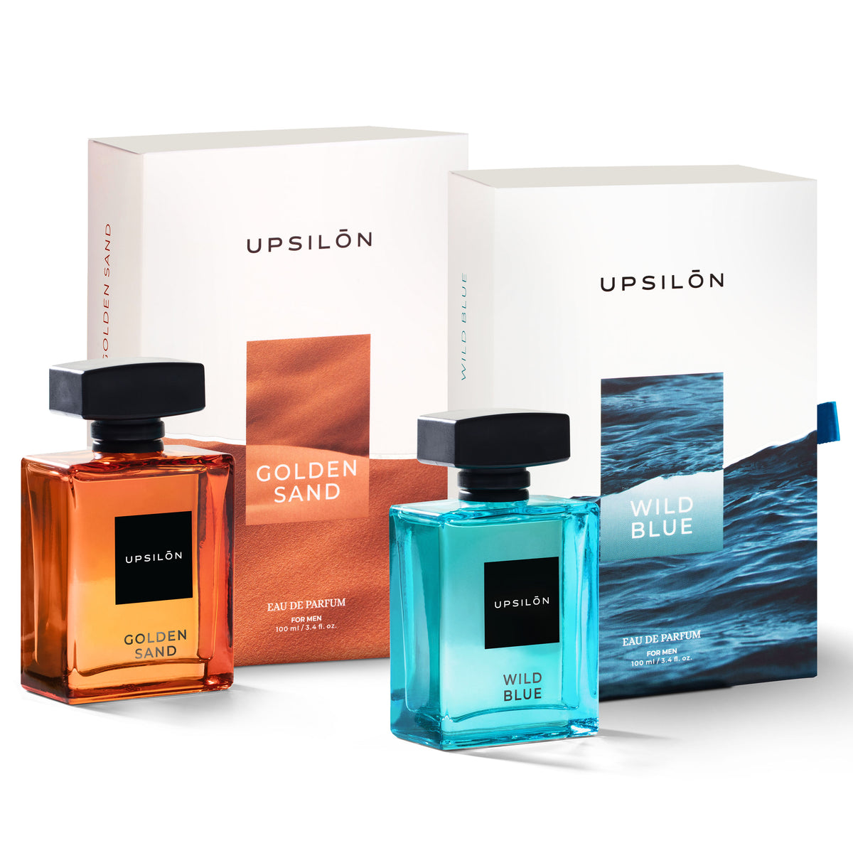Two Upsilon Eau de Parfum bottles for men, Golden Sand and Wild Blue, in a gift box.