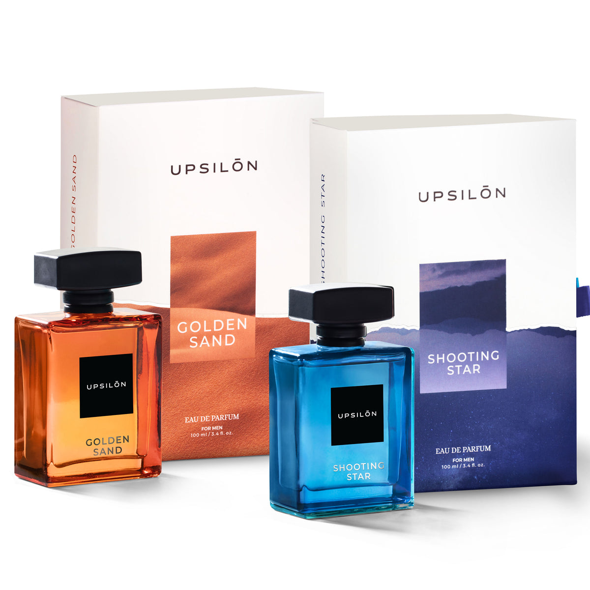 Gift set of two Upsilon Eau de Parfum fragrances for men, Golden Sand and Shooting Star