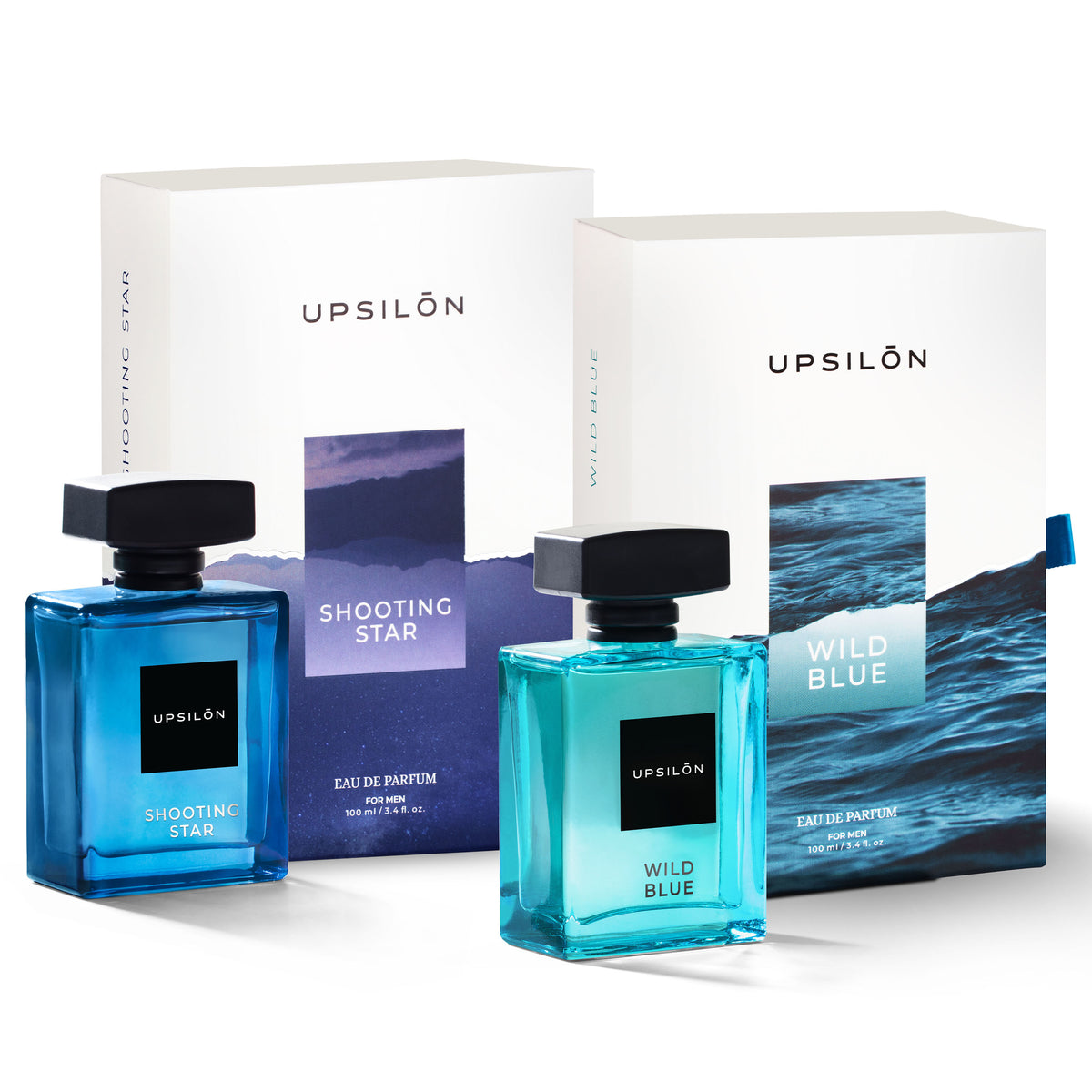 A gift set of two Upsilon Eau de Parfum fragrances, Shooting Star and Wild Blue, for men