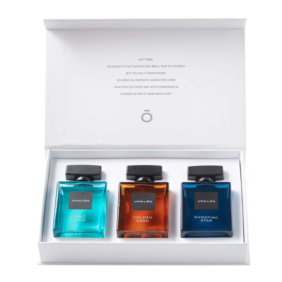 set of three Upsilon men's fragrances: Wild Blue, Golden Sand, and Shooting Star