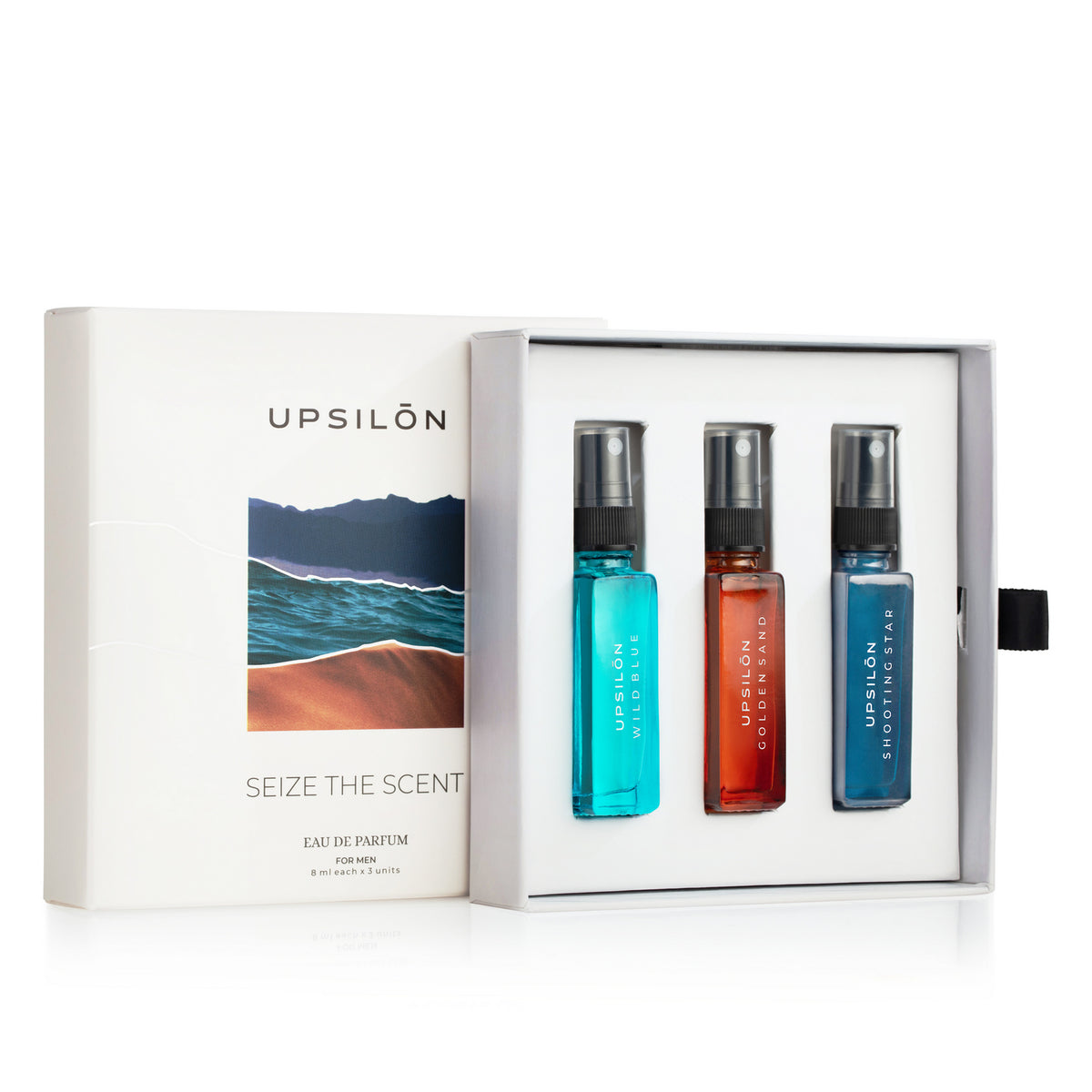 Upsilon Seize The Scent Discovery Set Eau De Parfum For Men, a gift set containing three 8ml bottles of Upsilon's most popular fragrances: Wild Blue, Golden Sand, and Shooting Star