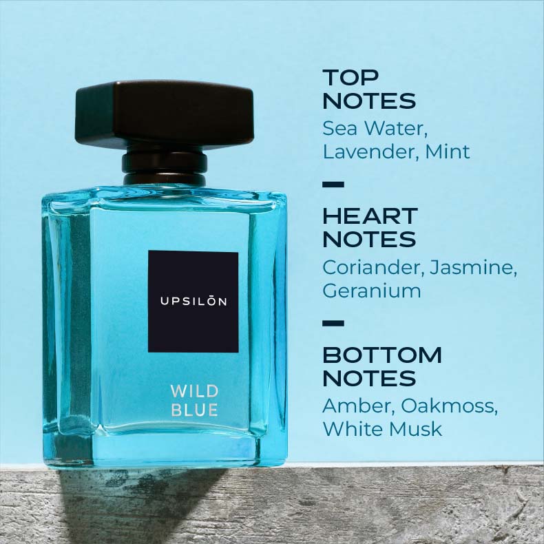 UPSILON Wild Blue Eau De Parfum bottle on a blue background, with top notes of sea water, lavender, mint, and coriander, heart notes of jasmine and geranium, and base notes of wild amber, oakmoss, and white musk.